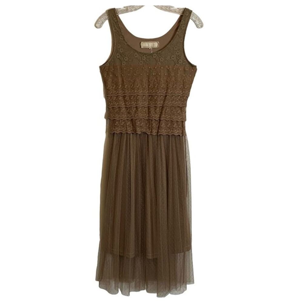 A'Reve Womens Size Small Neutral Brown Boho Layered Lace Sleeveless Midi Dress